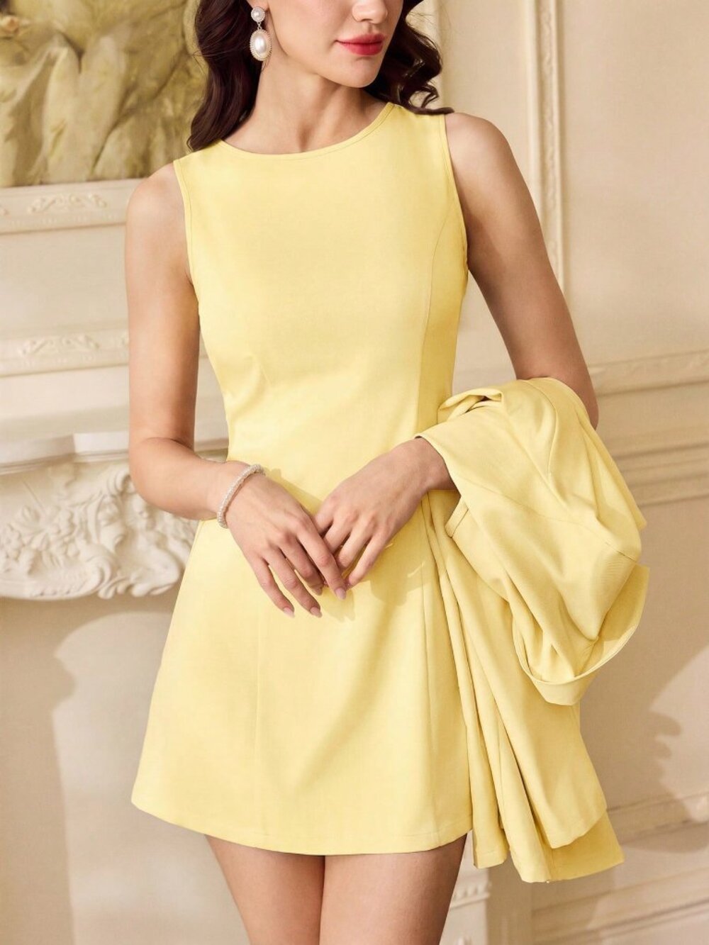 Pale Yellow Elegant Women's Suit Jacket & Dress Set - Picture 3 of 7